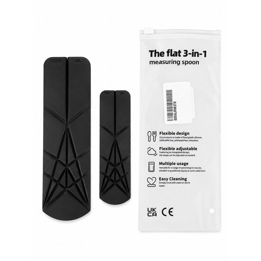 2pc Flat 3-in-1 Folding Measuring Spoon Set Black Silicone 6 Measurements